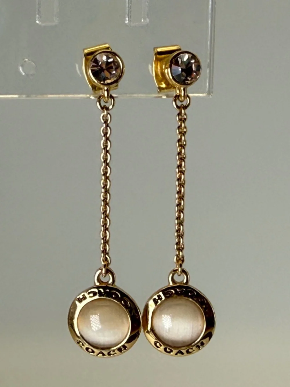 Coach Gold Tone Dangle Earrings Crystal Logo Charm Drop Earrings - Picture 3 of 5